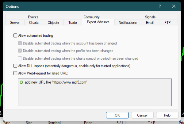 a screenshot of the 'Options' window in a MetaTrader platform, specifically under the 'Expert Advisors' tab