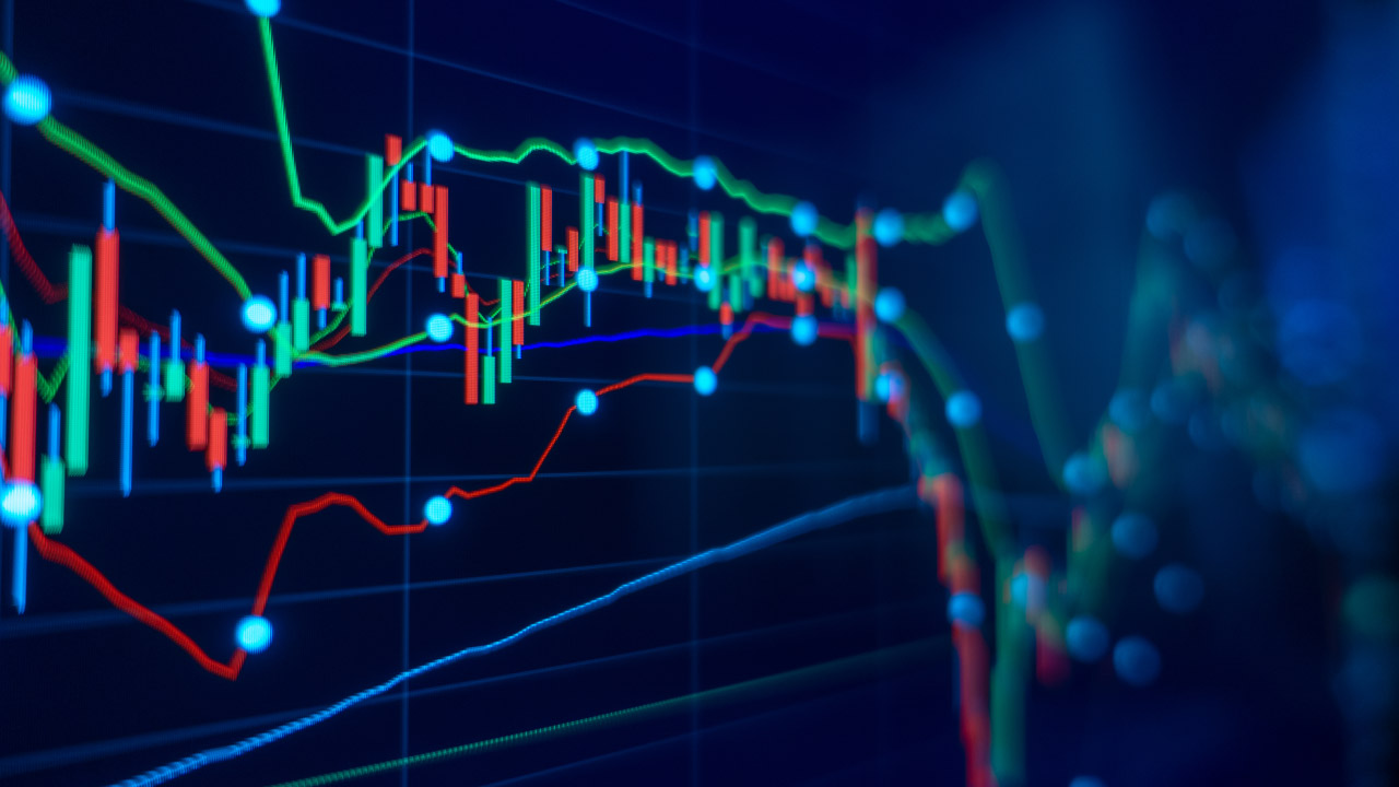 An image that features financial market analysis with a digital, futuristic aesthetic. 
