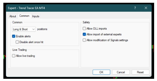 Aaof the 'Expert - Trend Tracer EA MT4' settings window in MetaTrader 4.