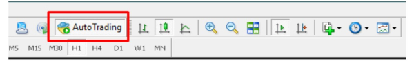 a screenshot of the toolbar in the MetaTrader trading platform. the 'AutoTrading' button is highlighted with a red box.