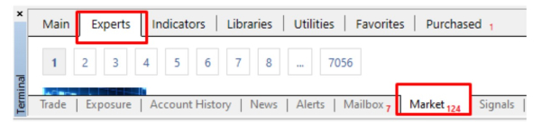 a screenshot from the MetaTrader platform interface showing the 'Experts' tab selected in the top section